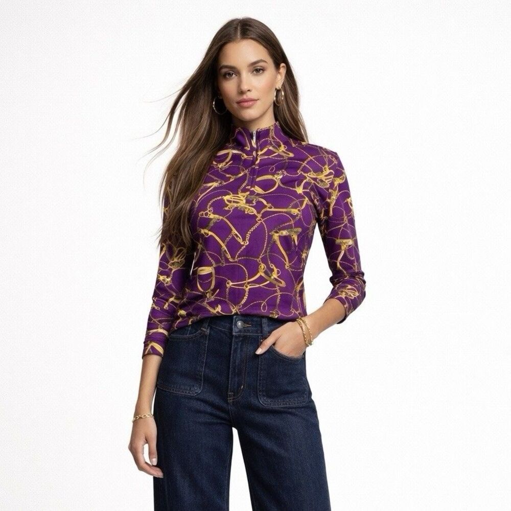 J. McLaughlin Purple & Gold Print Zipper Funnel Neck Top